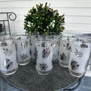 Vintage Silver Leaf Foliage Highball 16oz. Tall Drinking Glass Libbey Glass Set